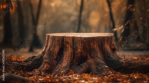 Scenic autumn forest background with stump like a minimal product podium display with copy space. Beautiful outdoor backdrop. AI generative image. photo