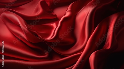 Red silk satin. Curtain. Luxury background for design. Soft folds. Shiny smooth flowing fabric. Wavy. Christmas, Valentine, Valentine's day, anniversary, awarding, festive