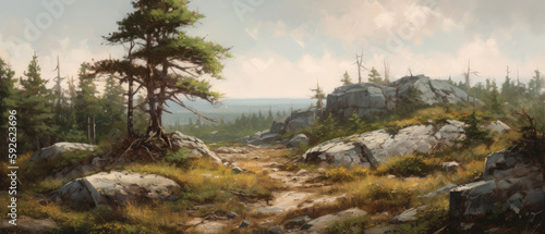 Expansive rocky mountain woodland landscape with jagged and eroded white boulders and pine trees, hazy outdoors with dusty atmosphere and patches of dried grass - generative AI.