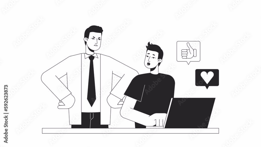 Cyberloafing at work bw animation. Animated distracted employee, angry boss 2D flat monochromatic thin line characters. 4K video concept footage with alpha channel transparency for web design Cyberloafing at work bw animation. Animated distracted employee, angry boss 2D flat monochromatic thin line characters. 4K video concept footage with alpha channel transparency for web design