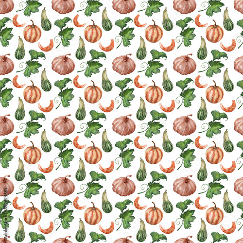 Watercolor seamless pattern with pumpkins and leaves