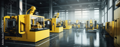 A cutting edge DX age production factory. Online  automated and ultra clean. Yellow machines. DX industry 4.0 concept. generative AI based. 