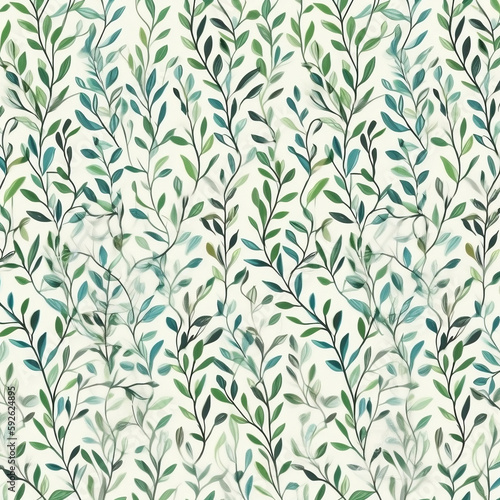 Features a subtle and delicate pattern of green leaves with plenty of white space on a pale-colored background. Generative AI.