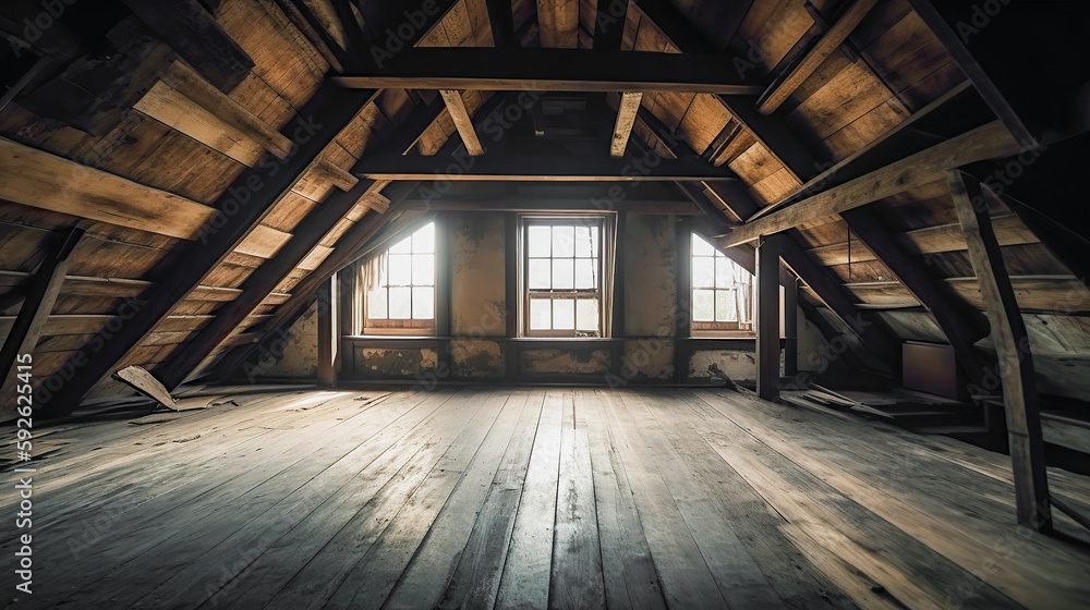 Rustic attic room, empty wooden interior with copy space. Indoor background. AI generative image.