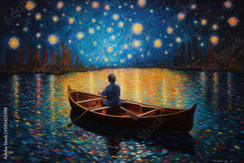 an oil painting of a starry night with a man in an open boat, generative AI © Kien