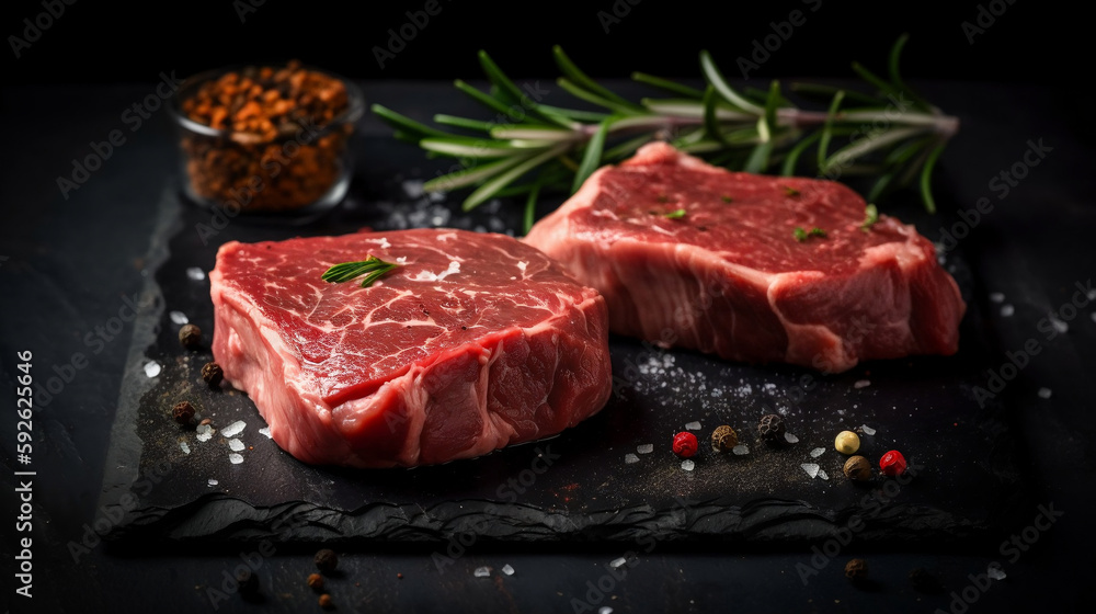 Raw steak on a slate. Two raw steaks on a dark shale background. Generative AI.