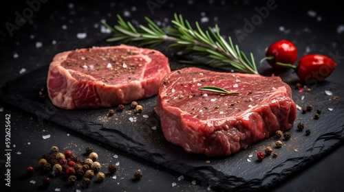 Raw steak on a slate. Two raw steaks on a dark shale background. Generative AI.