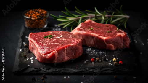 Raw steak on a slate. Two raw steaks on a dark shale background. Generative AI.