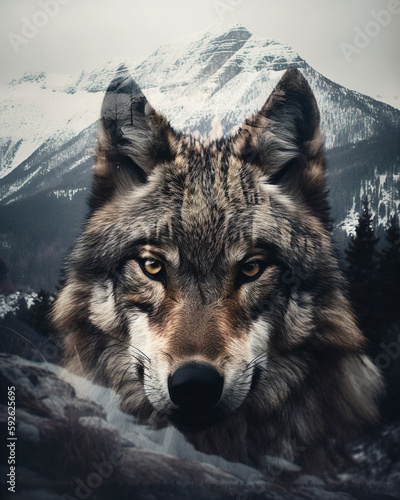 A stunning, ultra-realistic double exposure illustration of a majestic mountain range overlaid with the face of a wolf