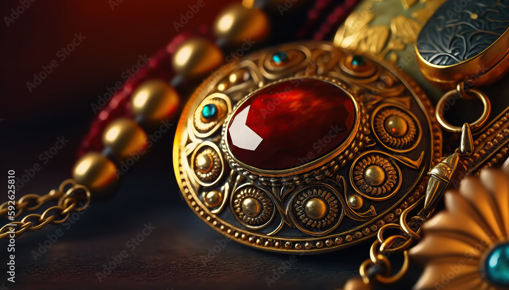 Abstract jewellery background with shiny red ruby gemstone. Horizontal background with copy space. AI generative image. Abstract jewellery background with shiny red ruby gemstone. Horizontal background with copy space. AI generative image.