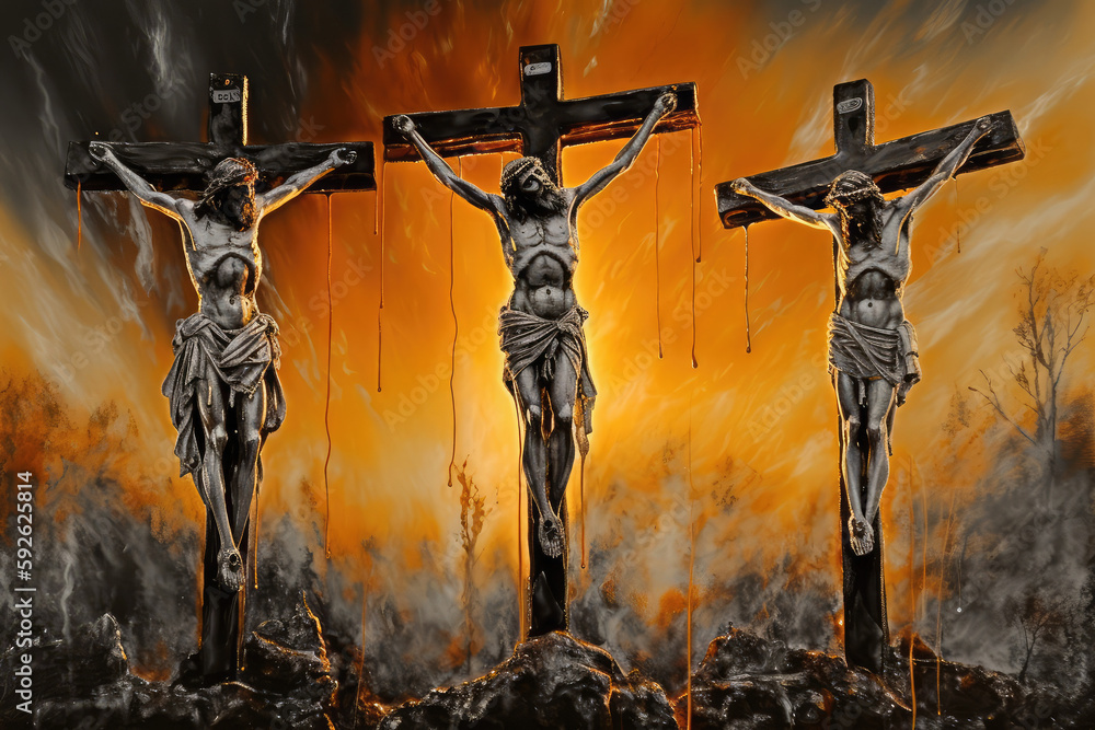 Three crosses on Calvary oil painting symbolic of the crucifixion of