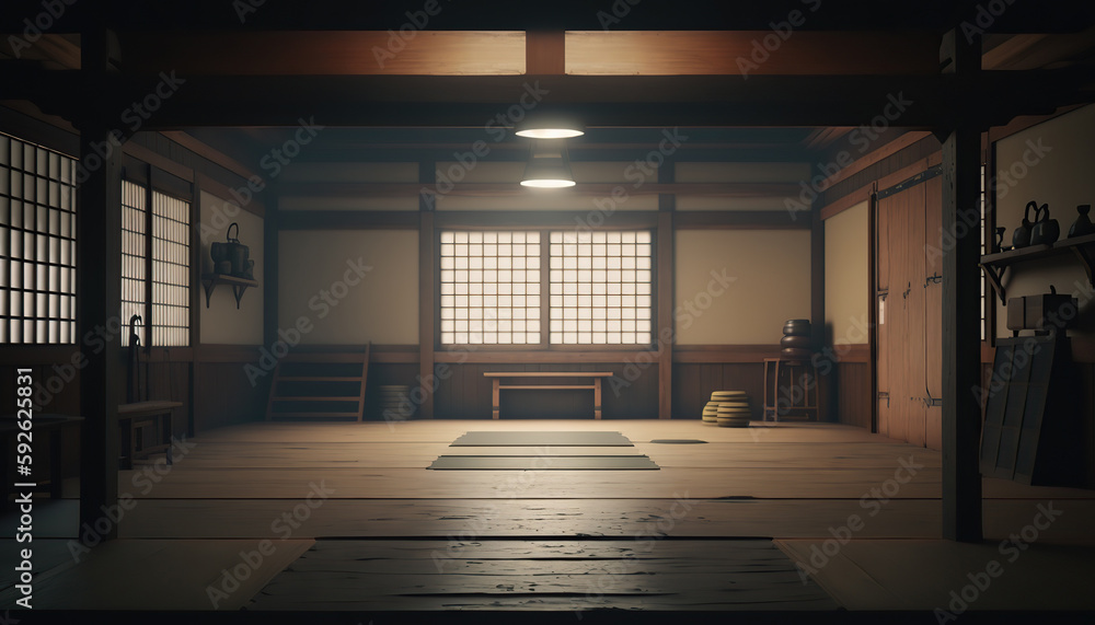 Oriental interior with window and mat on floor, sport hall for martial ...