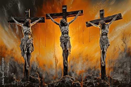 Vászonkép Three crosses on Calvary oil painting symbolic of the crucifixion of Jesus Chris