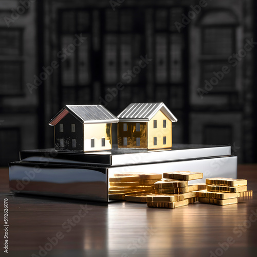 Golden and Silver Bar and houses isolated on interesting background. Banking Financial Concept created with Generative AI technology.