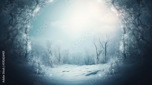 Beautiful picturesque winter background with snow covered round arch made of frozen branches. Large copy space in the middle. Greeting card template. AI generative image. © vlntn
