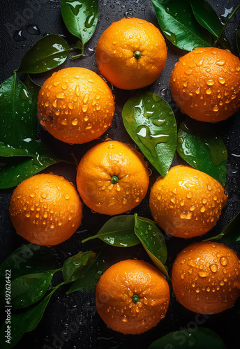 Mandarin Isolated on black Background. fresh Mandarin collection on stone background, top view. Tasty and healthy food. Generative AI