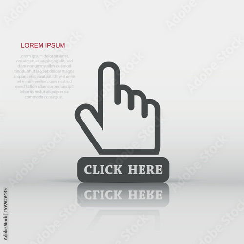 Vector click here icon in flat style. Hand cursor sign illustration pictogram. Pointer business concept.