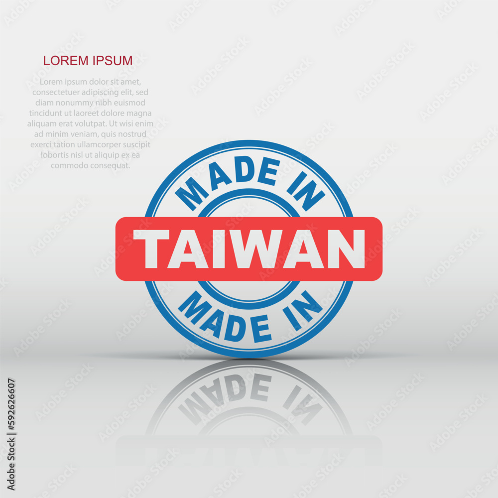 Made in Taiwan icon in flat style. Manufactured illustration pictogram. Produce sign business concept.