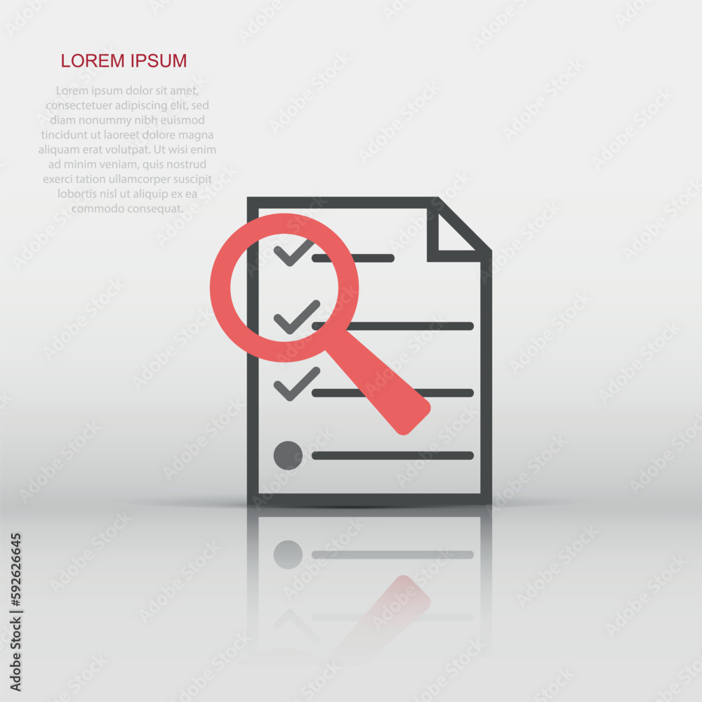 Document icon in flat style. Document files zoom illustration pictogram. Loupe with checklist sign business concept. Document icon in flat style. Document files zoom illustration pictogram. Loupe with checklist sign business concept.