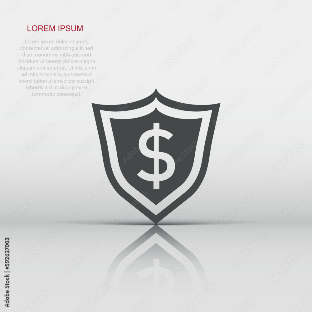 Vector shield with money icon in flat style. Shield sign illustration pictogram. Dollar business concept. Vector shield with money icon in flat style. Shield sign illustration pictogram. Dollar business concept.