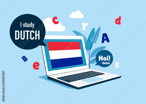 Online education. Dutch language course banner. Video course, distance education, web seminar, internet class. Vector illustration. 