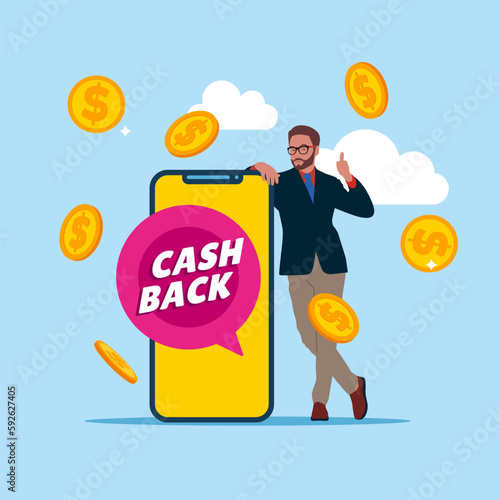 Businessman standing near smartphone with cash back offer. Modern vector illustration in flat style