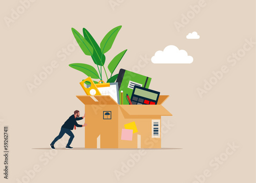 Businessman pushing box with office supplies. Beginning of business career. Welcome employee. Vector illustration in flat style.