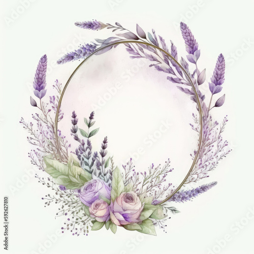 Watercolor wreath with lavender flowers. Illustration AI Generative.