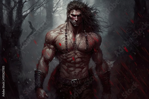 werewolf man in blood in forest. Generative AI illustration