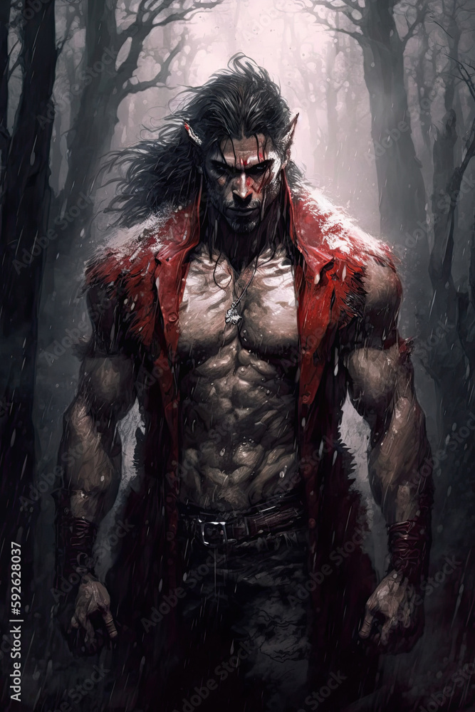 © alexkoral - werewolf man in blood in forest. Generative AI illustration