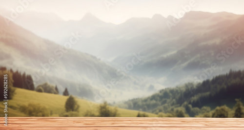 Wooden table against mountain background. Illustration AI Generative.