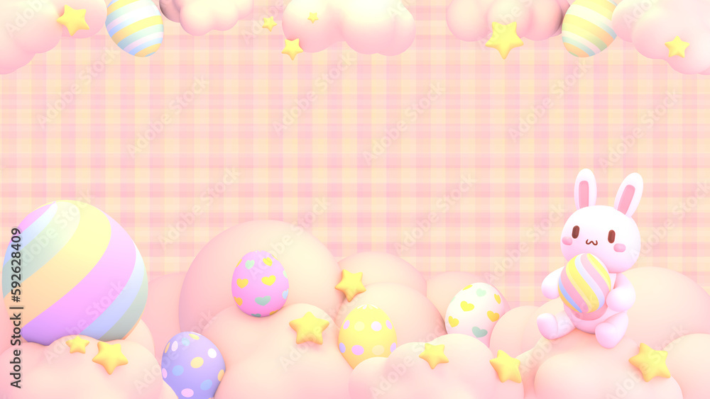 3d rendered cute bunny and eggs on the clouds.