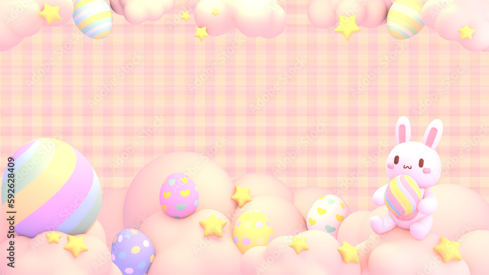 3d rendered cute bunny and eggs on the clouds. 3d rendered cute bunny and eggs on the clouds.