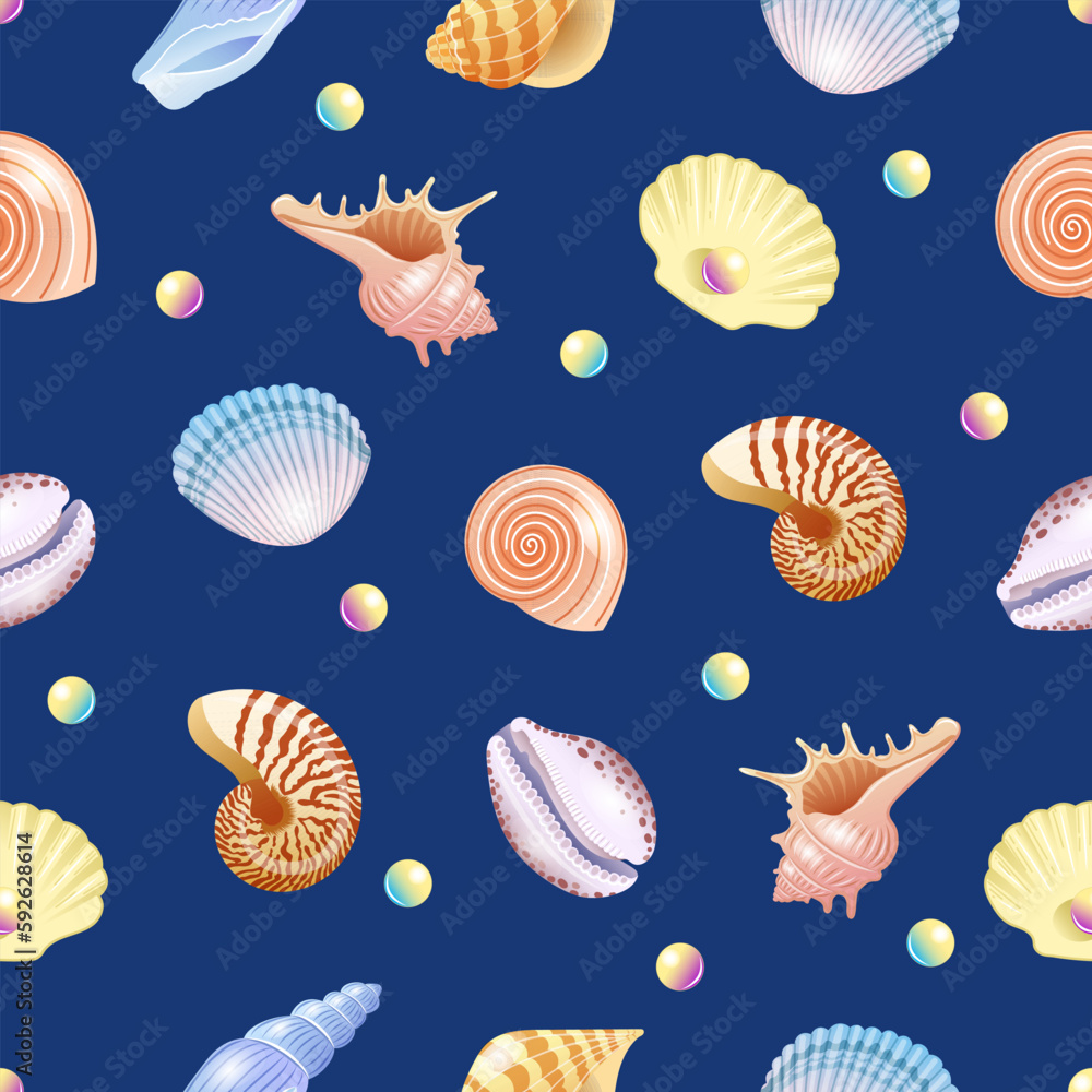 Seashells vector seamless pattern on blue background with shells and pearls Seashells vector seamless pattern on blue background with shells and pearls