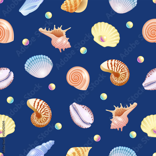 Seashells vector seamless pattern on blue background with shells and pearls