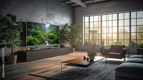 Elegant designed living room with big television screen. Al generated © ArtStage
