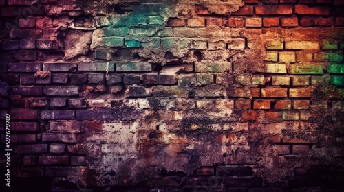 Magenta purple red brown green old brick wall. Toned colorful grunge background. Space. Design. Cracked  broken  crumbled. Color gradient. Horror  spooky  creepy  scary  frightening.