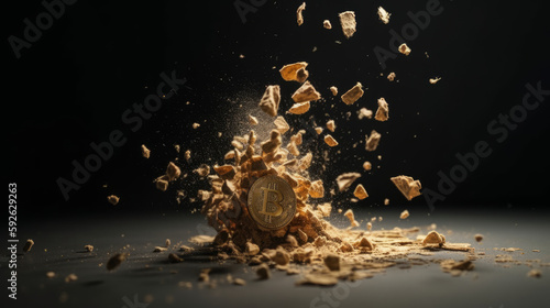 Close up of crashing bitcoin sign on a dark background.Al generated