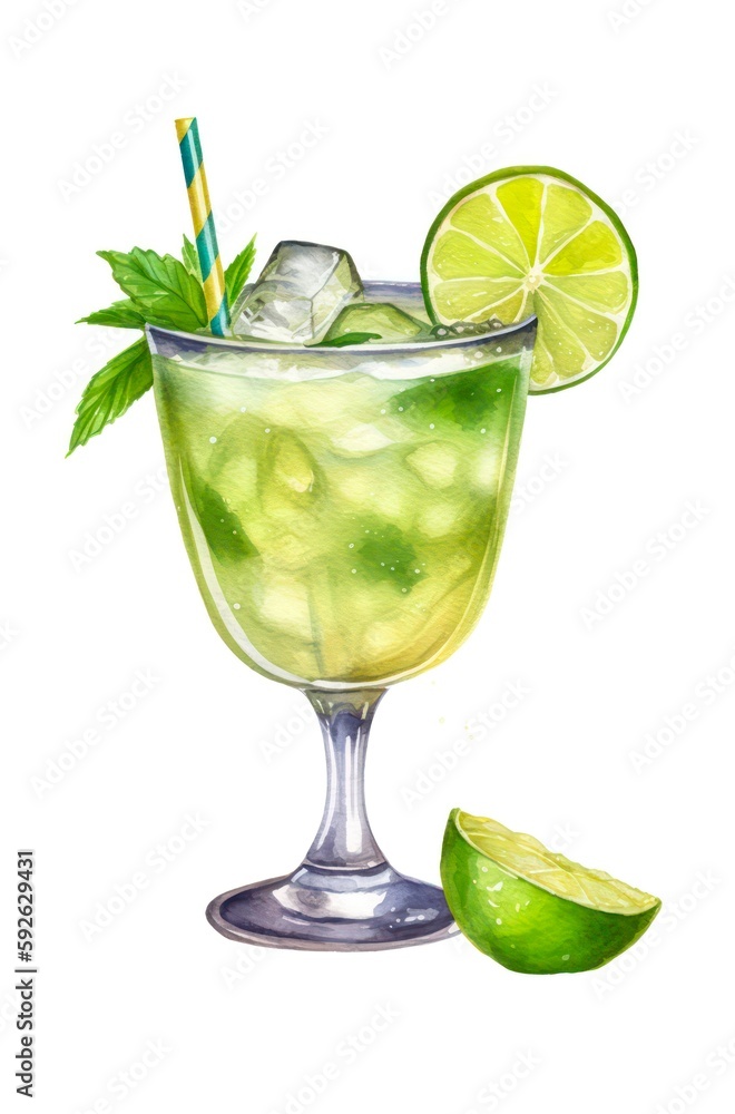 Fototapeta premium Watercolor illustration of a mojito cocktail isolated on white background. Digital art of an alcoholic drink made up of gin and lime juice in a cocktail glass. Generative AI.
