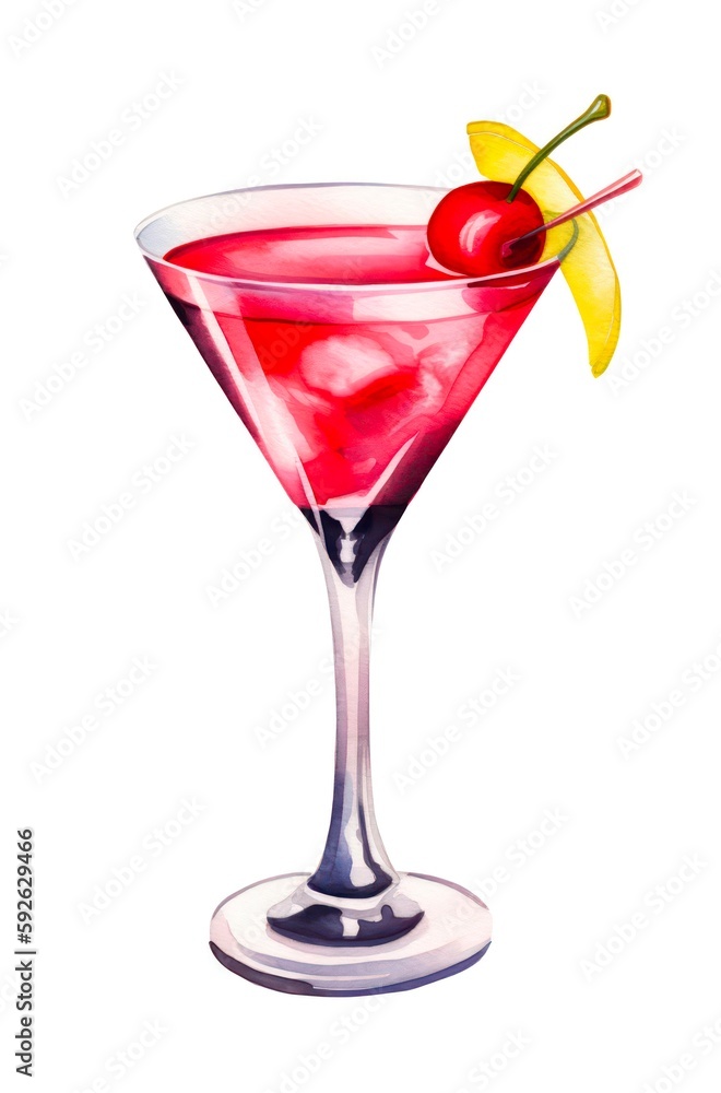 Watercolor illustration of a cosmopolitan cocktail isolated on white background. Digital art of a red alcoholic drink in a transparent cocktail glass. Generative AI. Watercolor illustration of a cosmopolitan cocktail isolated on white background. Digital art of a red alcoholic drink in a transparent cocktail glass. Generative AI.