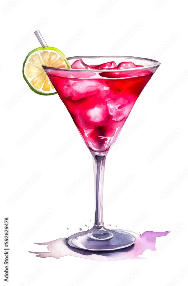 Watercolor illustration of a cosmopolitan cocktail isolated on white background. Digital art of a red alcoholic drink in a transparent cocktail glass. Generative AI. Watercolor illustration of a cosmopolitan cocktail isolated on white background. Digital art of a red alcoholic drink in a transparent cocktail glass. Generative AI.