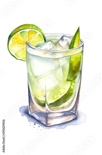 Watercolor illustration of a mojito cocktail isolated on white background. Glass of water with lime and mint. Generative AI.