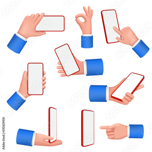 Set of different angles and positions hands holding mobile phone, isolated on white.