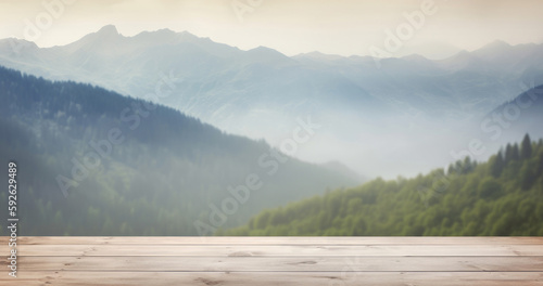 Wooden table against mountain background. Illustration AI Generative.