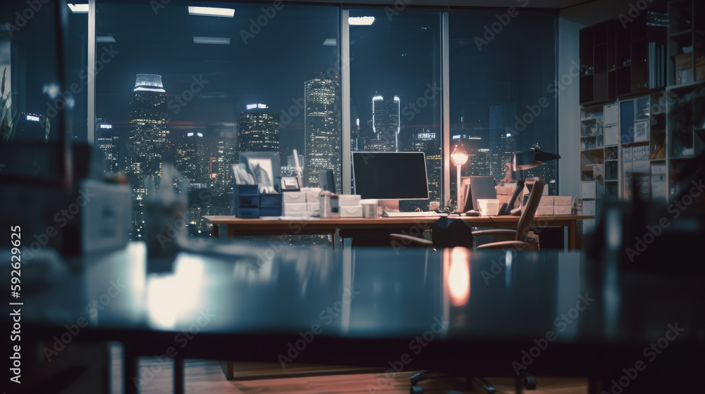 Modern office workstation with supplies and copy space on stylish table over blurred skyscraper. Al generated