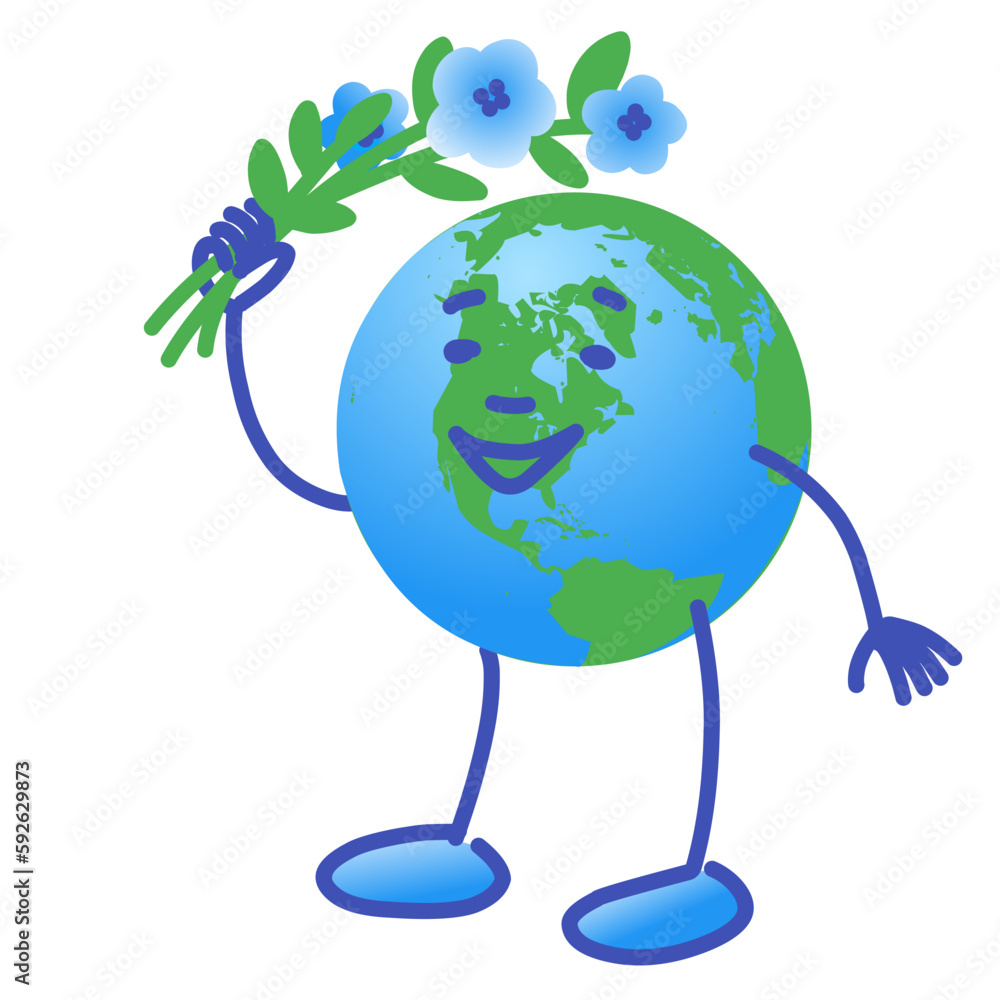 Cute cartoon earth globe with bunch of flowers isolated on white background.