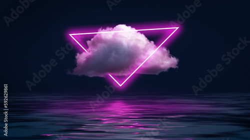 Abstract design for horizontal wallpaper, background. Neon pink triangle in cloud over night ocean, water. Dark background. Fluorescent light, reflection. Futurism, creative vision. Space for text
