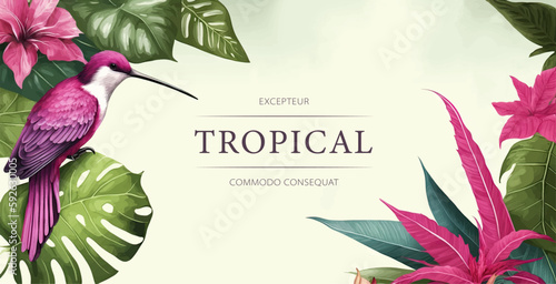 Tropical watercolor plants and flowers, summer holiday banner. Colorful frame with hibiscus and tropical leaves