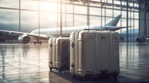 Suitcases in airport. Travel concept. Airplane flying in the background. Generative AI.