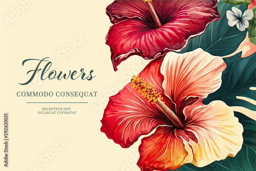 Tropical watercolor plants and flowers, summer holiday banner. Colorful frame with hibiscus and tropical leaves